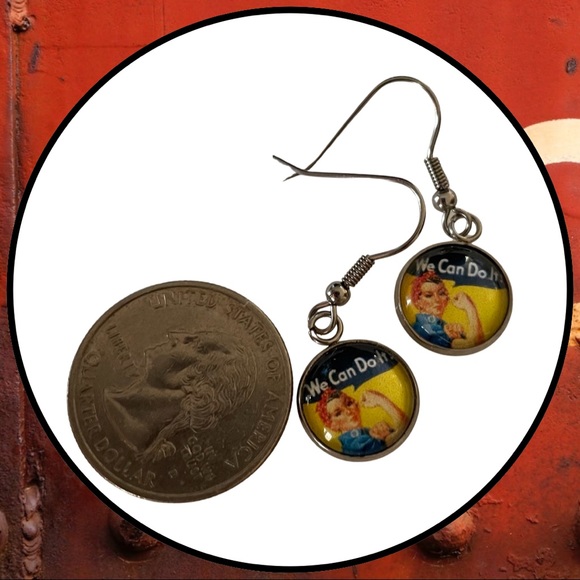 Stainless Steel Dangling Earrings - Rosie the Riveter - Picture 4 of 5